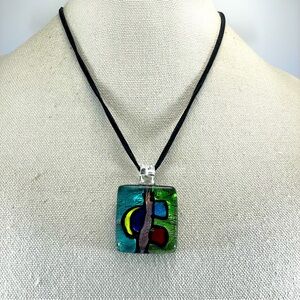 Beautiful Crescent Moon Dichroic Glass Pendant Black Leather Cord Necklace